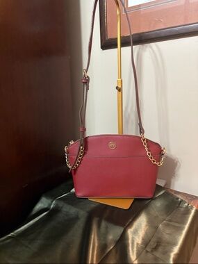 Anne Klein Brick Red Leather Crossbody with Gold Chain Accents